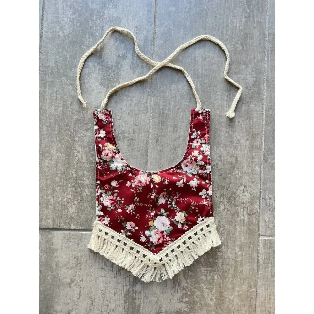 Los Angeles Boutique Baby Bib Boho Girl Drool Bandana NEW Tassel Burp Red Floral